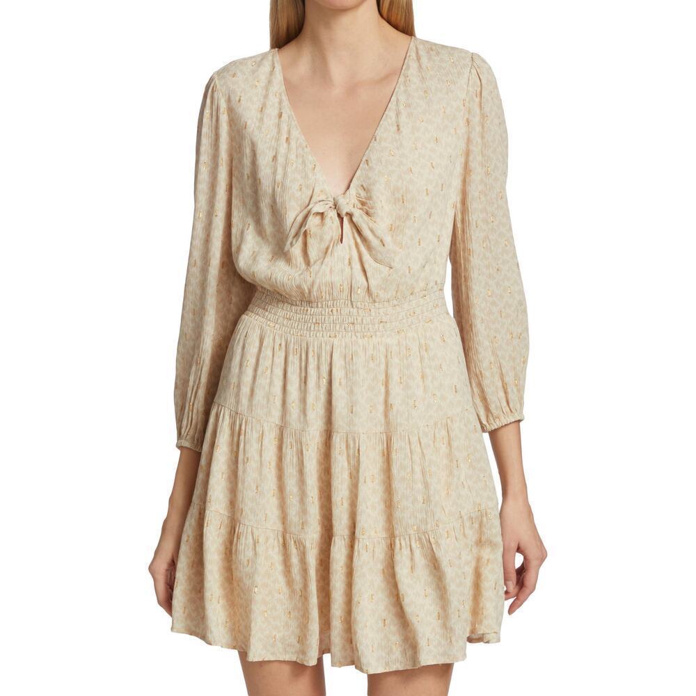 Paige Sandee Mini Dress Tie Front Metallic Detail Long Sleeve Size Small